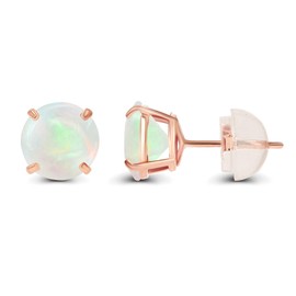 Genuine 14K Solid Rose Gold 6mm Round Natural Opal October Birthstone Stud Earrings