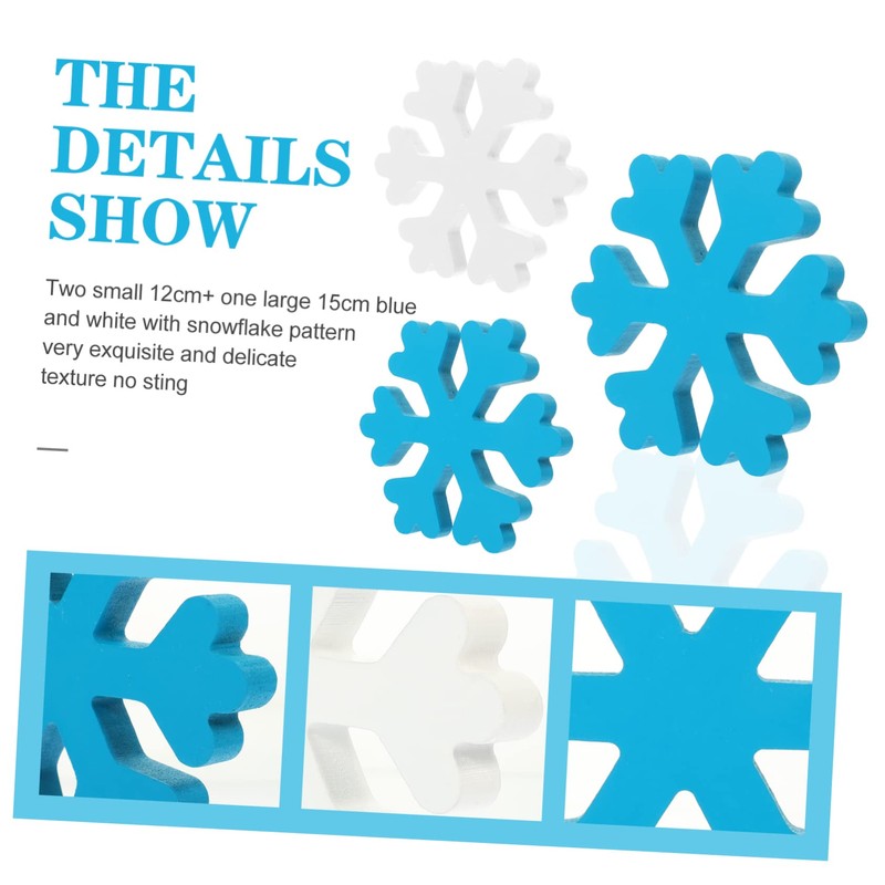 MAGICLULU 3pcs Blue and White Wooden Snowflake Ornaments Xmas Table