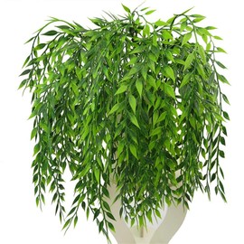 Artificial Weeping Willow, Plastic Plants Greenery Leaves Fake Hanging Vine Faux Ivy Garland UV Resistant for Home Indoor Outdoor Garden Door Wall Baskets Wedding Party Table Decor Decoration - 4 Pcs