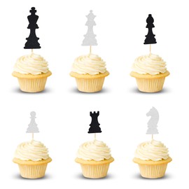 Arthsdite 24 Stück internationale Schach-Cupcake-Topper für Babyparty, Brettspiel, Themen-Dekor, für Jungen und Mädchen, Happy Birthday Kuchendekorationen, Zubehör – Schwarz Silber Glitzer