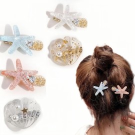 5Pcs Hair Clip Artificial Ocean Pearl Shell Starfish Clip Super Flash Edge Clip Temperament Bangs BB Clip Hair Ornament Headdress Princess Hairpins for Girls Women Ladies.