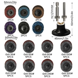 HOMEIDOL 55Pcs 2 inch Roll Lock Quick Change Discs Set, Sanding Discs with 1/4" Holder, for Die Grinder Surface Prep Strip Grind Polish Finish Burr Rust Paint Removal