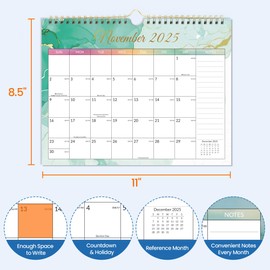 SUNEE Wall Calendar 2025-2026, 18 Months Hanging Monthly 2026 Calendar 11"x8.5", October 2025 to March 2027, for Organizing & Planning, 2026 Monthly Calendar with Note and next Month, Watercolor