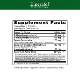Emerald Labs Complejo antienvejecimiento con L-glutatión, resveratrol, CoQ10, ácido R-alfa lipoico, meriva, granada y más, 60 cápsulas vegetales