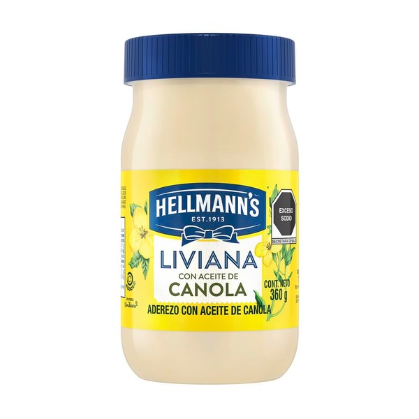 Hellmann´s Mayonesa Liviana 360 g. Con todo el sabor, menos calorías. SIN SELLOS NUTRICIONALES. Elaborada con aceite de canola. (1 tarro de 360 g)