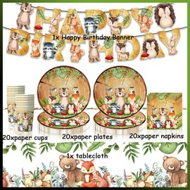 Jungle Animals Party Tableware Birthday Decoration in Autumn, Jungle Safari Party Tableware Set, Children's Birthday Banner for 20 Guests, Plates Animals Cups Napkins Tablecloth