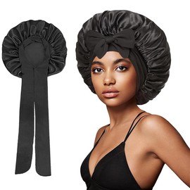 Satin Bonnet,Single Layer Satin Lined Sleeping Cap,Adjustable Large Satins Cap with Tie Band Hair Bonnets Curly Braids Hair For Women(Black)