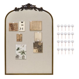 CASOLLY Arch Fabric Pinboard, Antique Gold Bulletin Boards 24"x36", Vintage Cork Board with Ornate Iron Frame for Wall Unique Display, Organization and Decor Options