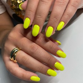 Yellow Nails Short Press on Nails Almond Fake Nails Solid Color False Nails RIICFDD Oval Round Acrylic Nails Artificial Glossy Full Cover Stick on Nails for Women Nail Decoration 24 Pcs