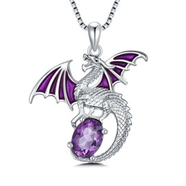 PEIMKO Dragon Amethyst Pendant Necklace for Women Silver Oxide Dragon Chains Vintage Jewelry Birthday Christmas Gifts, Sterling Silver, Amethyst