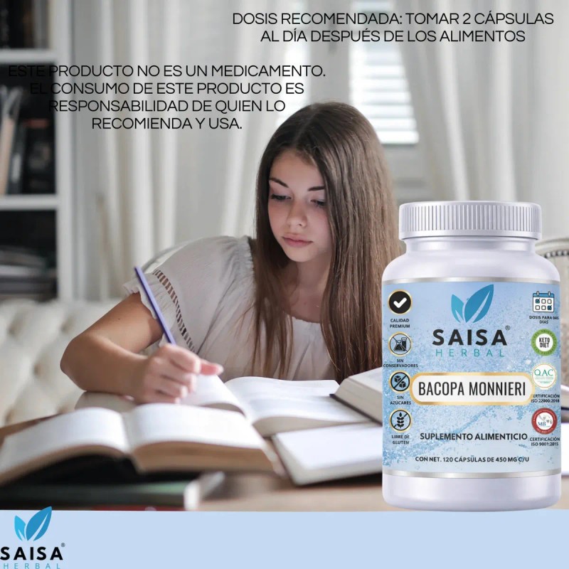 Bacopa Monnieri 450 120 Cápsulas Saisa Herbal Suplemento Cognitivo Natural