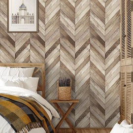 HLNIUC Original Wooden Color Wallpaper Wood Grain Peel and Stick Herringbone Wall Paper Vintage Textured Natural Herringbone Wall Sticker 44x300cm Wood Wallpaper for Cabinet Bathroom Living Room
