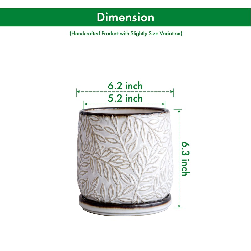 6 Inch Embossed Leaves Design Stoneware Planter Pot with Drainage