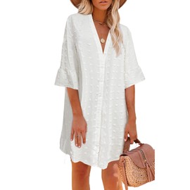 ELESOL Women's White Button Up Swimsuits Coverup Summer Boho Beach Dress Swim Suit Bikini Cover Ups Swimwear