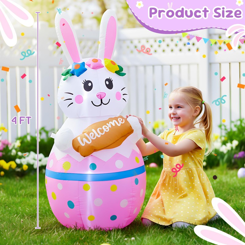 4FT Candy Bunny Easter Inflatables Outdoor Decorations Built-in LED Lights