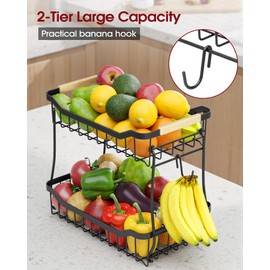 Sakugi Fruit Basket for Kitchen Counter - 2 Tier Detachable Fruit Vegetable Basket with Banana Hanger, Metal Countertop Fruit Stand with Wooden Handle, Black, 8.5" D x 12.4" W x 12.3" H