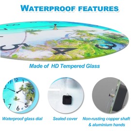 14 Inch Large Outdoor Clock Waterproof, Beach Coastal Nautical Indoor Outdoor Wall Clocks for Pool Patio Garden Bathroom Decor- Blue,Tempered Glass