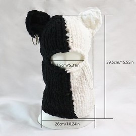 Thickened Crochet Knit Balaclava Hat for Women Girls, Funny Long Bunny Ears Beanie Hat with Scarf Mask Thermal Headwear (Black White Cat Ears)