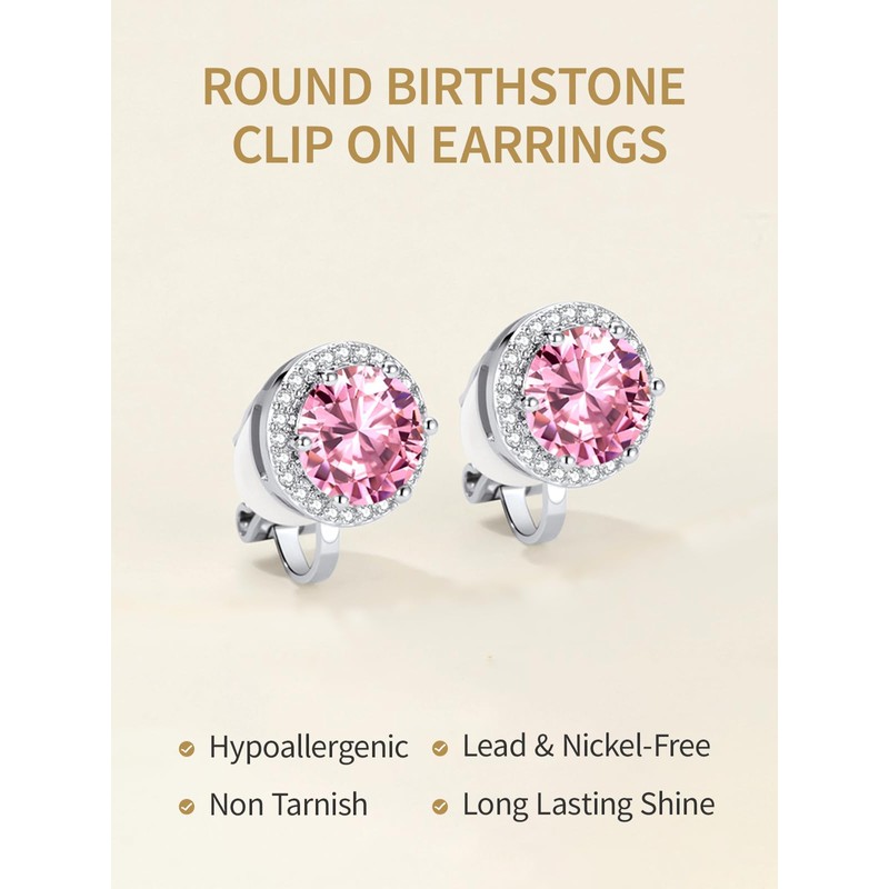 FindChic Sparkling Birthstone Clip On Earrings for Women, Silver Plated