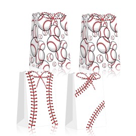 12Pcs Baseball Pattern Gift Bags, Baseball Party Gift Kraft Paper Bag with Red and White Hemp Rope, Baseball Theme Games Day Sports Goody Bags, Sports Themed Birthday Party Supplies