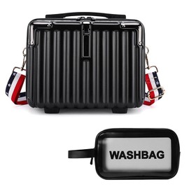 Holxeli 15 Inch Portable Hard Shell Makeup Case, Mini Cosmetic Travel Luggage Case with Shoulder Strap, Small Travel Suitcase Train Case with Toiletry Bag, ABS Material, Black