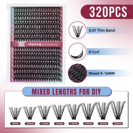 Mayhug Eyelash Extensions, 80D Individual Eyelashes, 320 Pieces, D Curl Cluster Lashes, 9-16 mm, DIY Natural Eyelashes, Fake Lashes