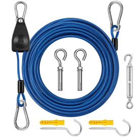 40FT Outdoor Clothesline Wire Rope System, Adjustable Steel Laundry Line with Pulley & Turnbuckle, Heavy Duty Clothes Line for Outdoor, Camping & Backyard Use (Blue)