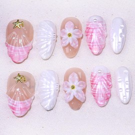 Handmade Press on Nails Medium Almond French Tip Fake Nails 3D Flower False Nails Hawaii Gold Starfish Gems Design Summer Stick on Nails Shell Ripple Full Cover Artificial Glue on Nails for Women 10Pc