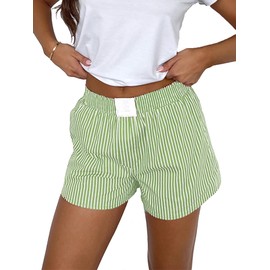 YILEEGOO Women's Elastic Waisted Striped/Plaid Shorts Pyjamas Bottoms Loungewear Summer Beach Shorts Wide Leg Boxers Boyshorts (Green, M)