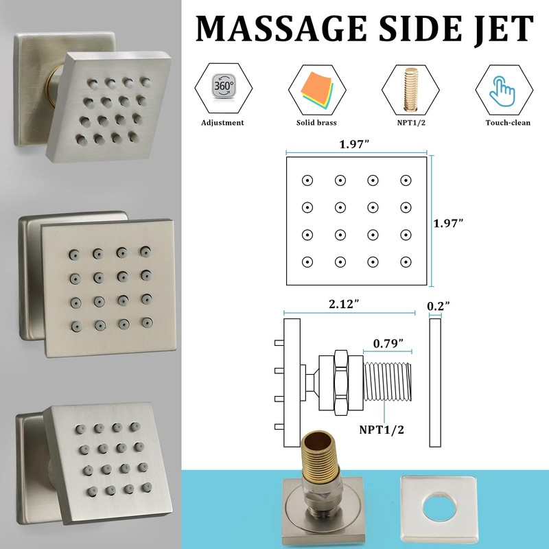 HOMEDEC Brushed Nickel Square Brass Shower Body Sprayer Wall Jet,