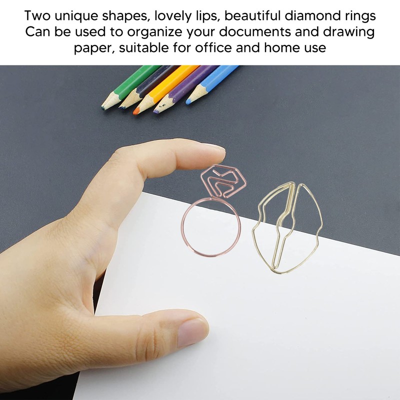 100pcs Metallic Paper Clips Lips Diamond Rings Shape Nonslip Portable