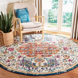 Safavieh Madison Collection MAD447A Boho Chic Medallion Distressed Area Rug, 9' x 9' Round, Ivory / Orange