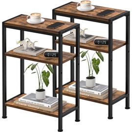 Narrow Side Table for Small Space Set of 2, 3-Tier Small End Table with Shelf Holder, Slim Nightstand, Skinny Snack Couch Table in Living Room, Bedroom, Study, Kitchen and Balcony（Rustic Brown