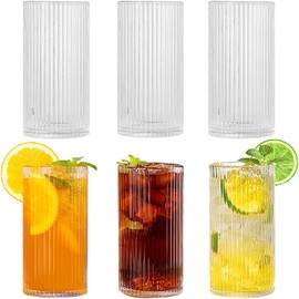 megarte Ribbed Glassware Vintage Drinking Glasses - 13 Oz Glassware Set of 6 Highball Origami Style Fluted Vertical Stripes Tumblers Juice Drinking Cups Dishwasher Safe