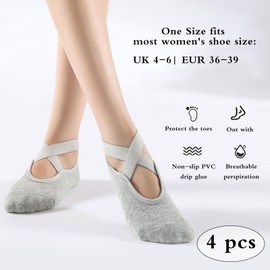 hioseyre 4 Pairs Pilates Socks for Women Girls,Non Slip Yoga Socks,Cotton Five Toe Grip Socks with Straps for Pilates,Fitness,Ballet,Home Workout