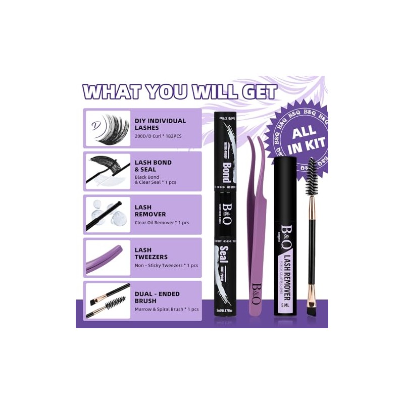 B&Q Fluffy Lash Clusters Kit UltraSoft Cluster Eyelash Extensions, 200D