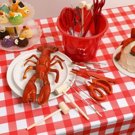 SmoothNovelty 21 Pcs Seafood Tools Set Seafood Boil Party Supplies - Tablecloth Crab Crackers Scissors Lobster Sheller Hammer Shellfish Forks Cracker Red Plastic Bucket for Lobster Crab Food Party