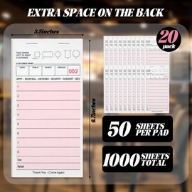 ZPARNO 20 Pack Server Note Pads, Guest Checks Books for Servers, Guest Check Pads, Total 1000 Sheets Server Paper, Waitress Notepads for Restaurants, Bar