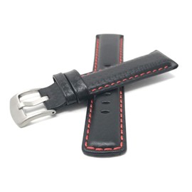 Bandini 20mm Mens Italian Leather Watch Band Strap - Carbon Fiber - Black with Red Stitch