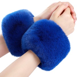 SATINIOR Faux Fur Short Wrist Cuff Winter Fuzzy Wrist Cuff Warmers for Women Girls Favors(Royal Blue)