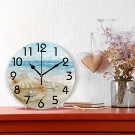 Naanle 3D Stylish Beautiful Summer Beach Seashell with Big Pearl Print Round Wall Clock Decorative, 9.5 Inch Battery Operated Quartz Analog Quiet Desk Clock for Home,Office,School