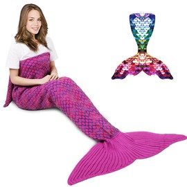 AmyHomie Mermaid Tail Blanket, Crochet Mermaid Blanket for Adults Soft All Seasons Sleeping Blankets Gift for Teen Girls Women(Rainbow,Adults)