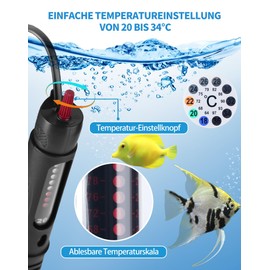 LAOYE Aquarium Heater 60L Aquarium Heating Rod 50W Temperature Adjustable Aquarium Heater with Indicator Light Suction Cups Protective Cover Aquarium Heater for Aquariums Fish Tanks, 20-34°C, 50W