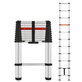 ICARRY Telescoping Ladder 10.8 FT Aluminum One-Button Retraction Collapsible Ladder, Soft Close Design Multi-Purpose Ladder w/Non-Slip Foldable Feet for RV, Household, Outdoor, 250lb Capacity