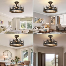 Merexcint Farmhouse Rustic Ceiling Fan with Light and Remote, Black Chandelier Fan with Bear and Deer Design, Adjustable Height, Rustic Chandeliers for Living Room, Bedroom, Hallway, Entryway Lighting