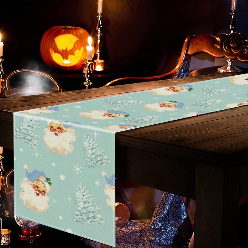 Christmas Table Runner Blue Santa Claus Merry Christmas Tree Snowflake