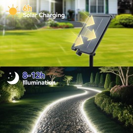 Tira de luces LED solares impermeables para exteriores, cuerda solar, de 32.8 pies con 8 modos, temporizador de control remoto, temporizador de atardecer a amanecer, iluminación cortable autoadhesiva