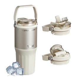 TKK 24 oz Ceramic Coated Tumbler with Straw Lid, 18/10 Stainless Steel Vacuum Leakproof Double Walled Car Cup with Handle & Tea Infuser& Dishwasher Safe, for Hot & Cold Drinks,Porcelain White