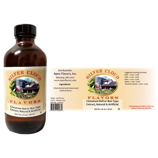 Cinnamon Roll or Bun Type Extract, Natural & Artificial - TTB Approved - 4 fl. oz. bottle