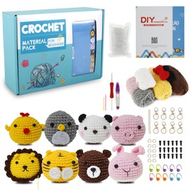 8Pcs Beginners Crochet Kit, Crochet Kit for Beginners Adults and Kids, Animals Crochet Kit, DIY Crochet Craft Kit with Instructions and Video Tutorials Yarns Accessories, Christmas Birthdays Gift (A)